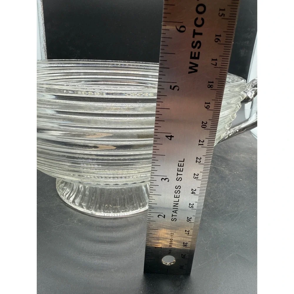 Vintage Clear Ribbed Glass Footed Serving Bowl with Handles Art Deco‎ Style